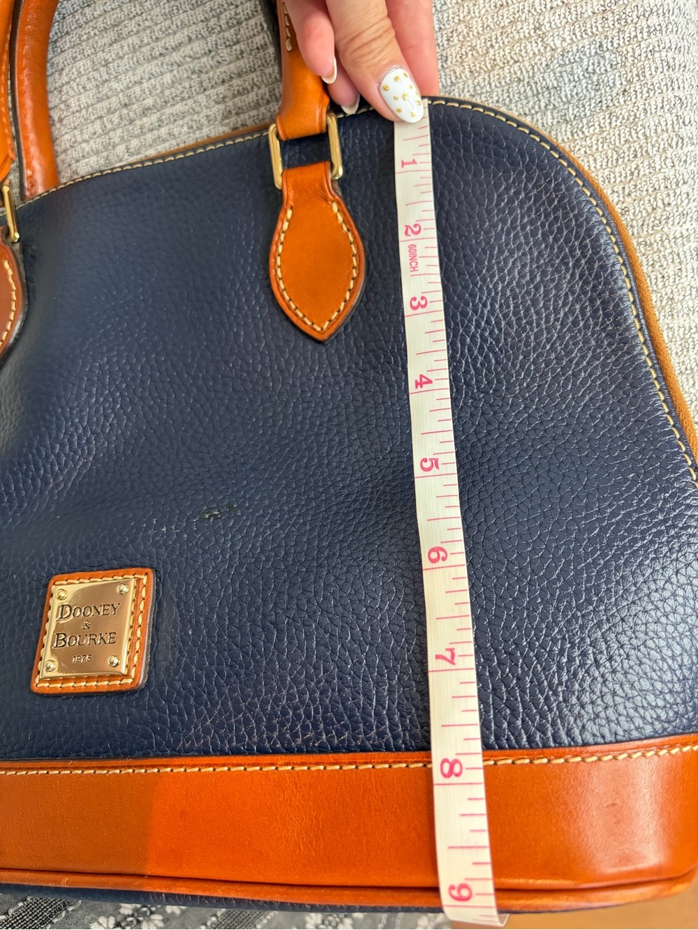 Dooney & Bourke Pebbled Leather Dome Satchel Bag Navy Blue/Brown Trim - Picture 14 of 15